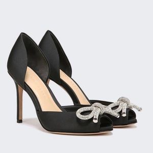 VERONICA BEARD Gadot Crystal Embellished Bow Satin Peep Toe Heels Pumps Size 6